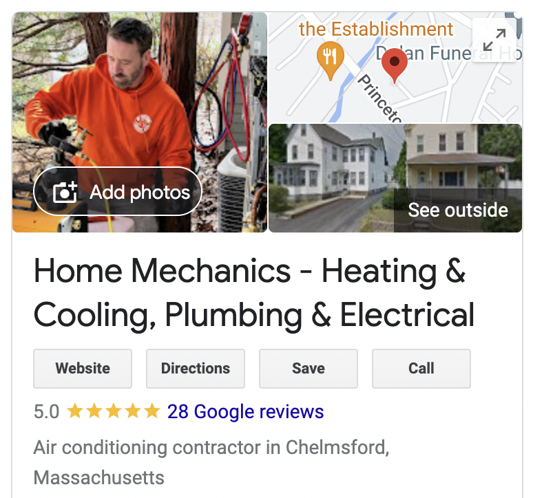 Google Business Profile showing 5-Star Air Conditioning, Heating, and Mini-Split Contractor