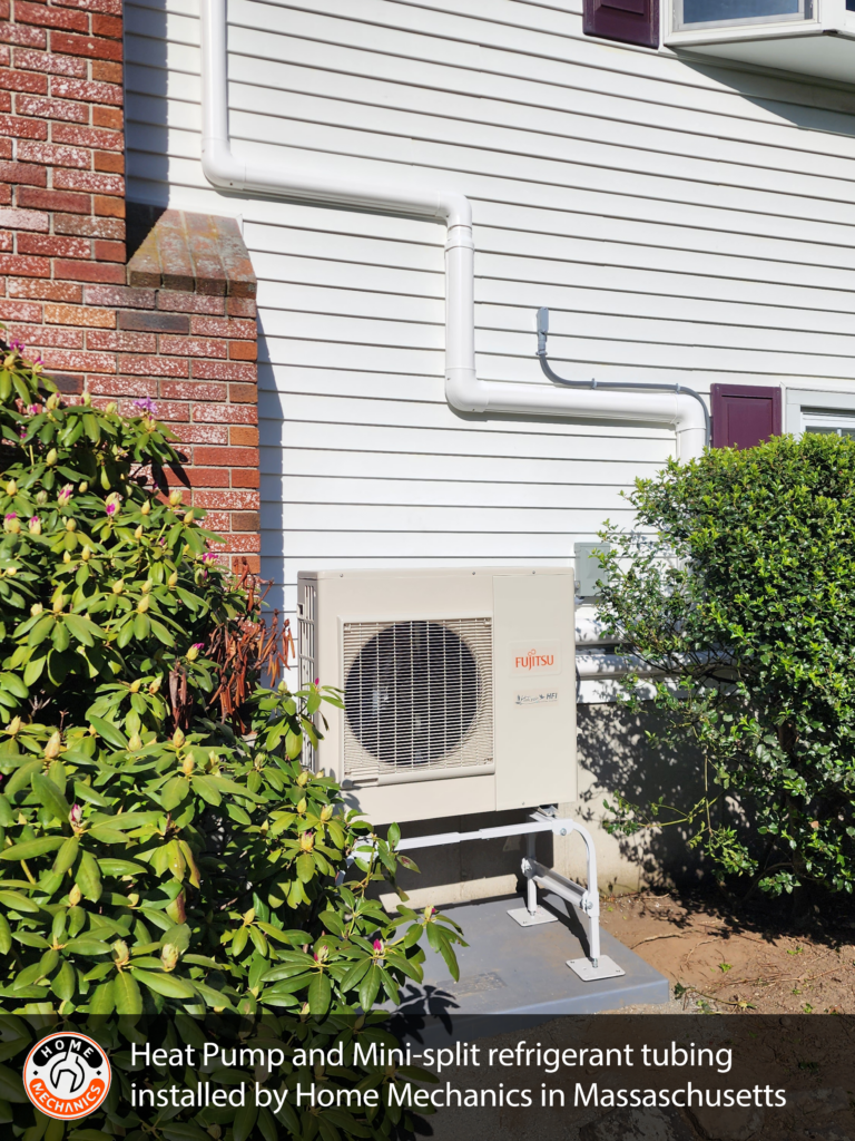 A discretely installed heat pump at a Massachusetts home