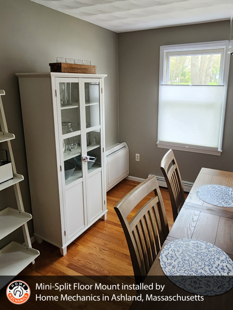 A floor mounted mini-split we installed in a dining room in Ashland, Mass